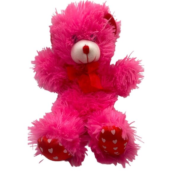 Soft Fluffy Pink Teddy Bear Plush Red Bow Heart Print Feet - Picture 1 of 6